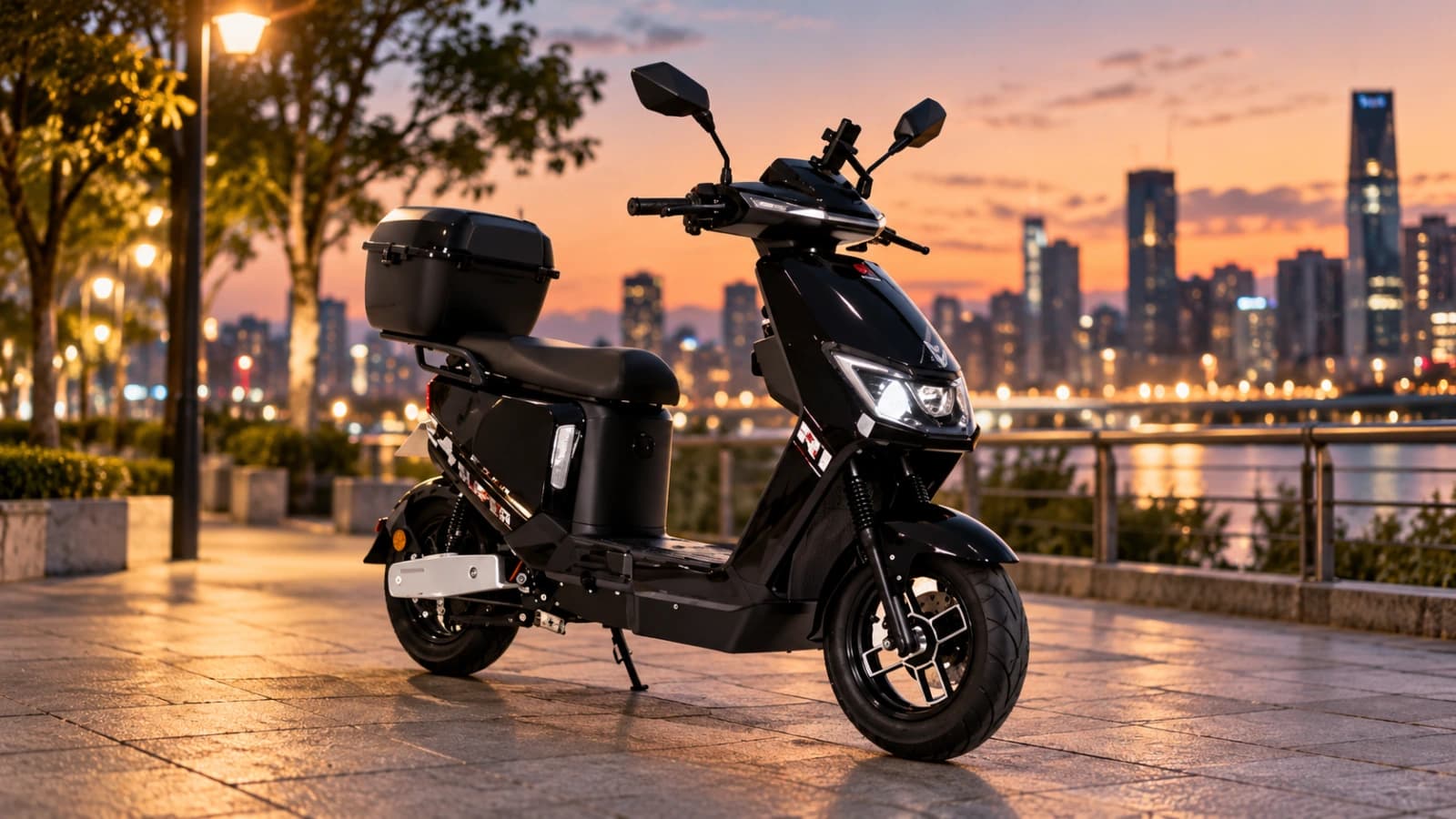 Scooter elétrica em uma rua da cidade ao entardecer